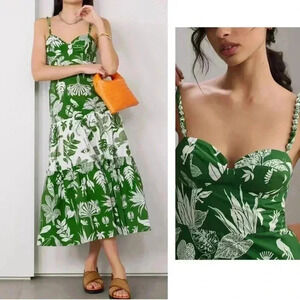 Farm Rio Forest Mix Midi Dress XL Cotton Sleeveless Green Tropical Tier Maxi NWT